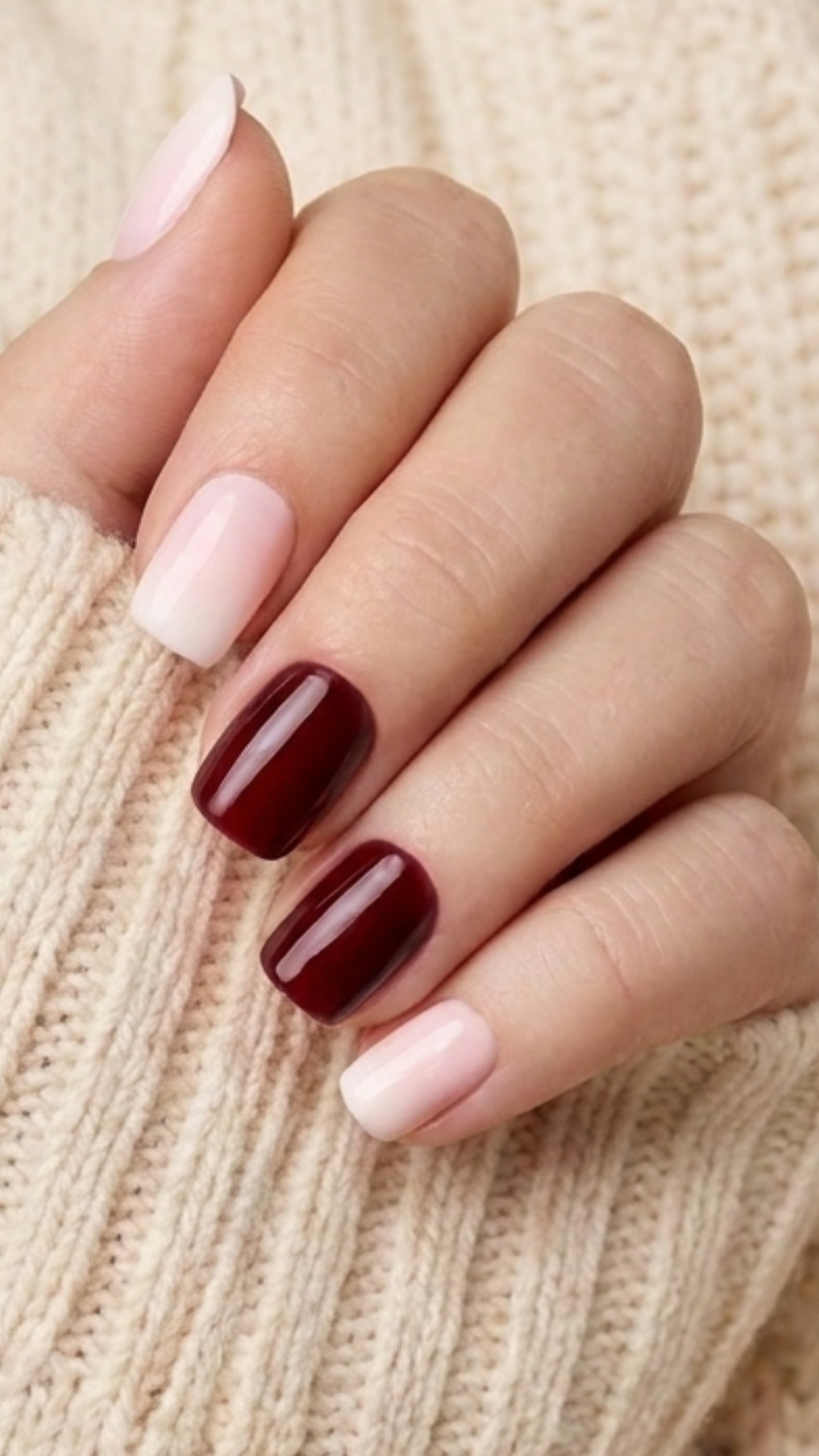Hand with deep red and soft pink press-on nails against a cream knit sweater
